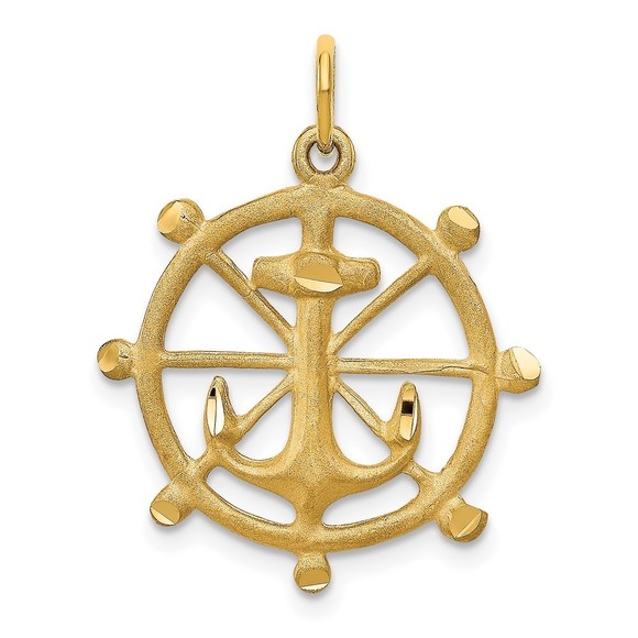 10k Yellow Gold Nautical Anchor in a Wheel Small Necklace Charm Pendant